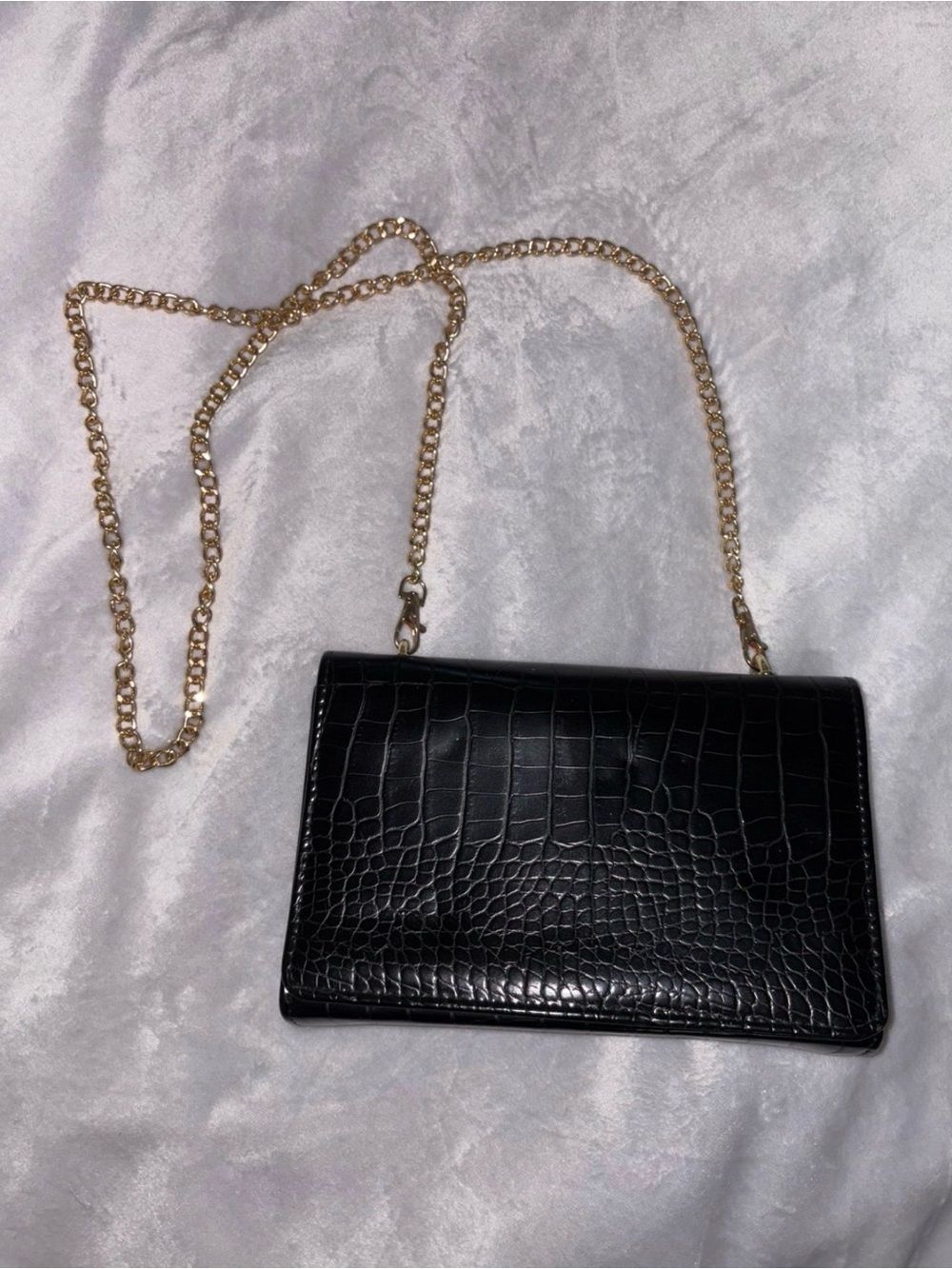 Black Croc-Embossed Chain Shoulder Bag
